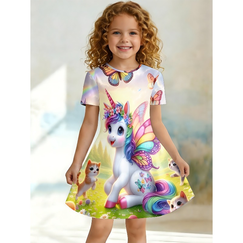 Games Garden Party - Mädchen-T-Shirt-Kleid mit Regenbogen-Einhorn- und Kätzchen-Print, Schmetterlingsgarten-Freizeitkleid