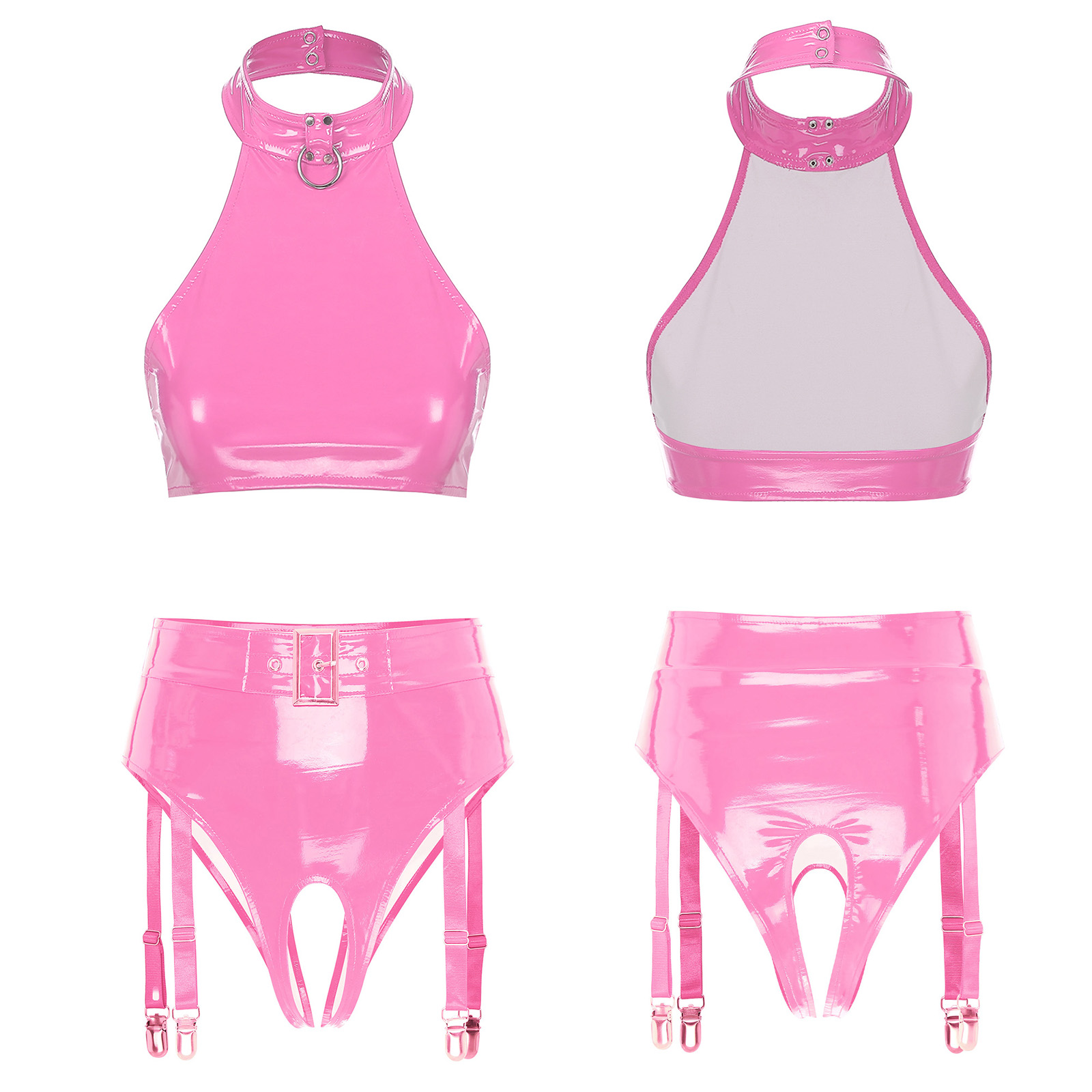 Party Games Couple - Damen-Set aus glänzendem PU-Leder-BH, Tanktop und