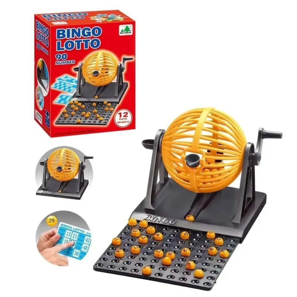Party Games Juegos De Mesa - Deluxe Bingo-Spielset mit Käfig, Bingo-Maschine, Mini-Chips,